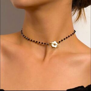 NEW Black & gold beaded choker necklace with flower & front Toggle closure